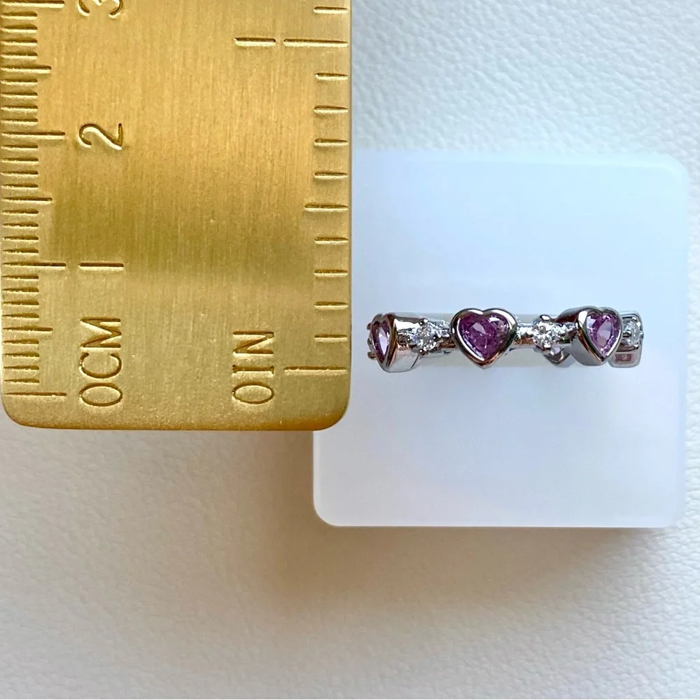 Silver Heart Eternity Ring with Pink Stones